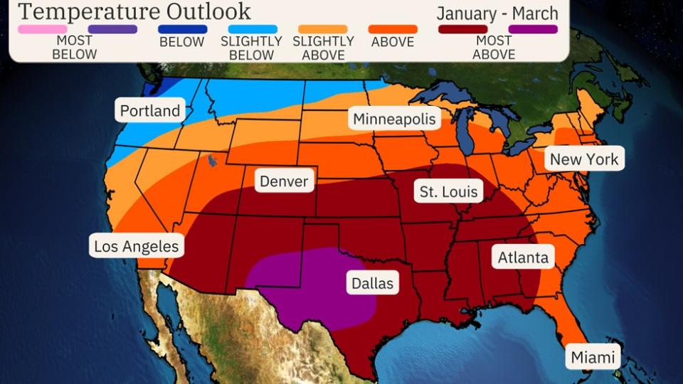 January-March Temperature Forecast Features Milder South And East, Colder Northwest Contrast