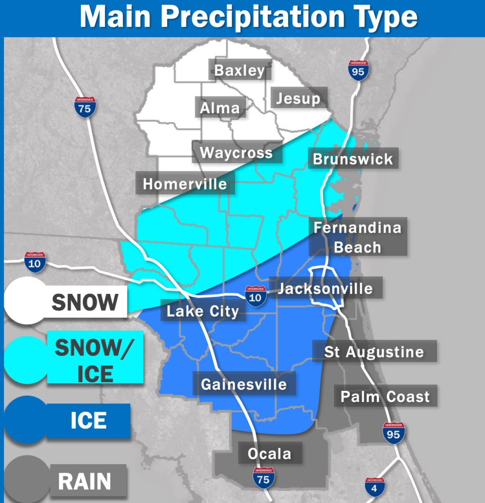 Jacksonville area urged to 'hunker down' for wintry mix through early Wednesday and more