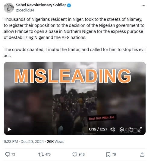 Post falsely claims video shows Niger protest against alleged France-Nigeria partnership