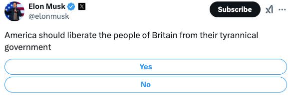 Elon Musk Suggests America Should 'Liberate' Britain From 'Tyrannical Government'
