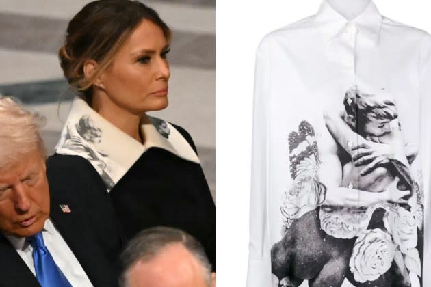 Melania Trump Wears Valentino Coat With Dramatic Kiss Print Collar for Jimmy Carter’s State Funeral Service