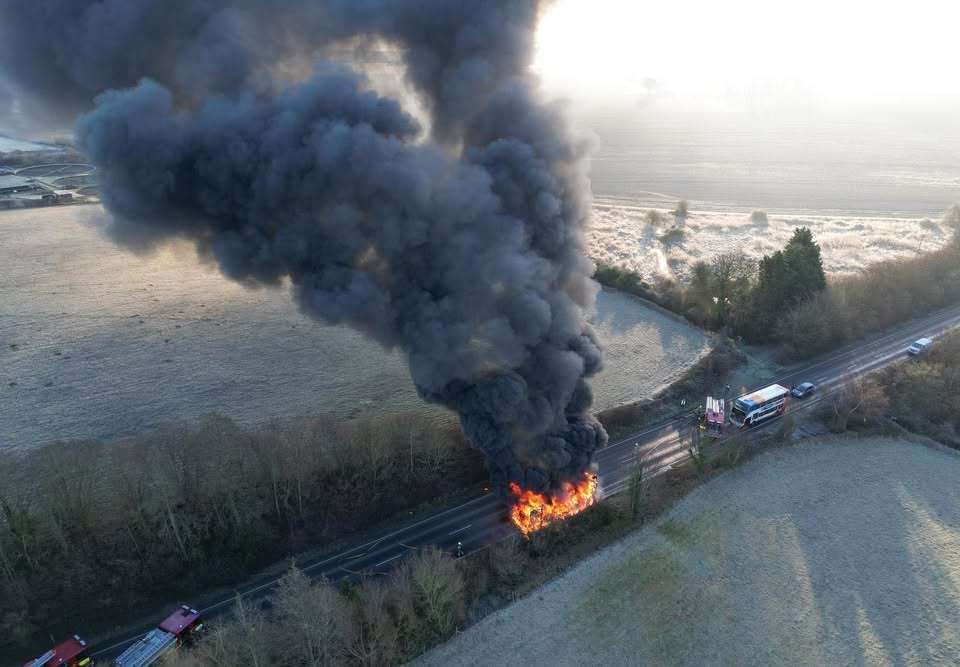 A256 Eastry Bypass blocked between Northbourne Road and Sandwich Road after Stagecoach bus goes up in flames