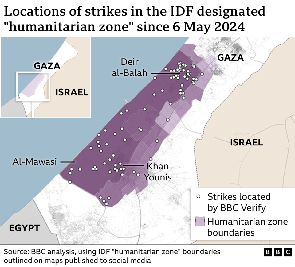 Almost 100 strikes located in Gaza 'humanitarian zone', BBC Verify analysis suggests