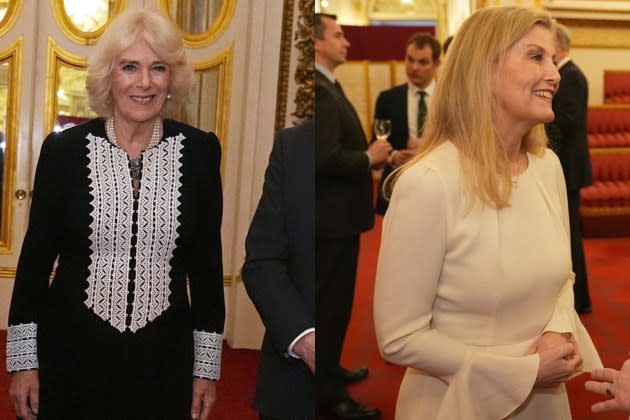 Queen Camilla Favors Black and White in Fiona Clare Midi Dress While Duchess Sophie Rewears Beulah London for Buckingham Palace Reception