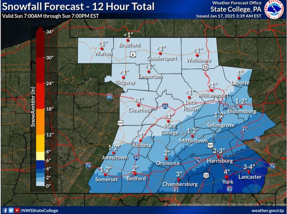 Tired of snow yet? National Weather Service forecasts plowable snow Sunday for Central PA