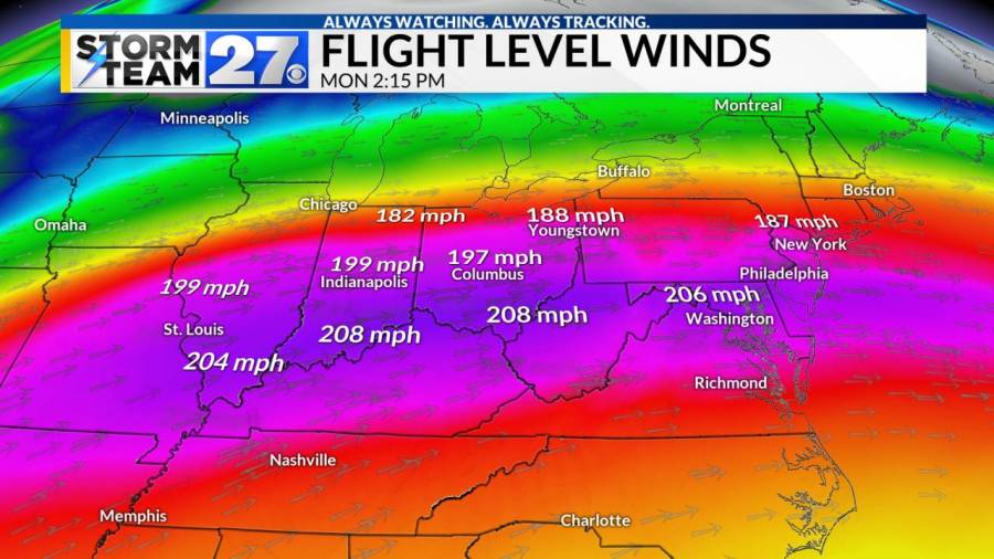 Jet stream winds over 200 mph impact US flights