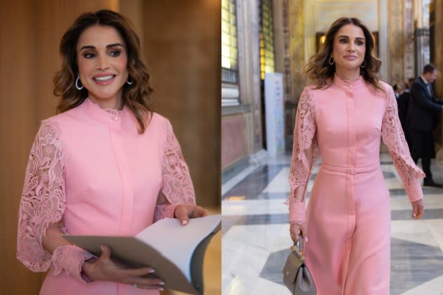 Queen Rania of Jordan Blushes in Pink Oscar de la Renta at World Summit on Children’s Rights at the Vatican